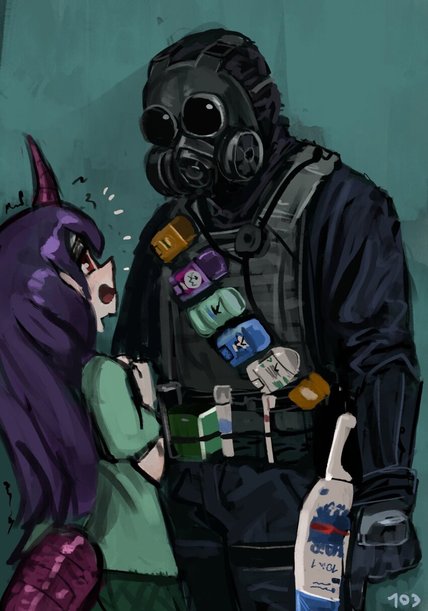 103anon 1girl 1other black_gloves commentary deodorant english_commentary gas_mask gloves green_shirt highres lizard_tail long_hair long_sleeves mask meme open_mouth purple_hair red_eyes reptile_girl shirt tail tenkajin_chiyari touhou