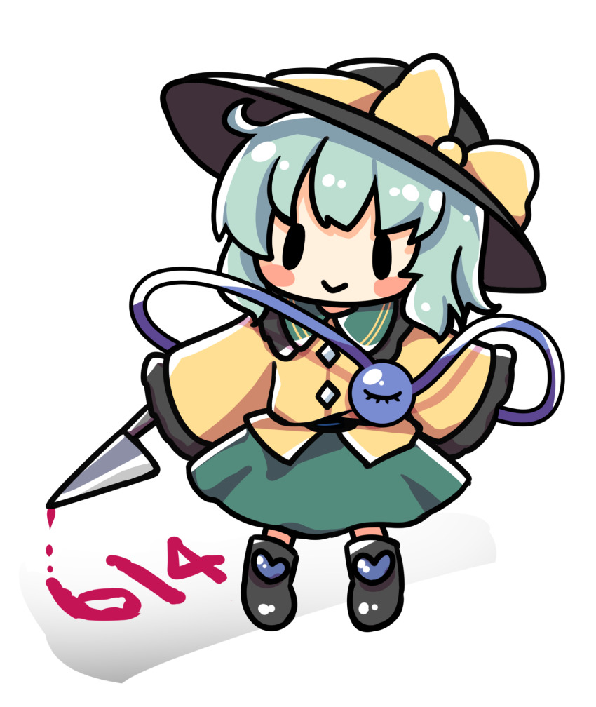 1girl :&gt; black_boots black_hat blouse blush_stickers boots bow buttons chibi commentary_request diamond_button eyeball frilled_shirt_collar frilled_sleeves frills full_body green_skirt hat hat_bow hat_ribbon highres holding holding_knife knife komeiji_koishi light_green_hair long_sleeves medium_hair rapameri ribbon shirt simple_background skirt sleeves_past_fingers sleeves_past_wrists smile solid_oval_eyes solo standing third_eye touhou wavy_hair white_background wide_sleeves yellow_bow yellow_ribbon yellow_shirt