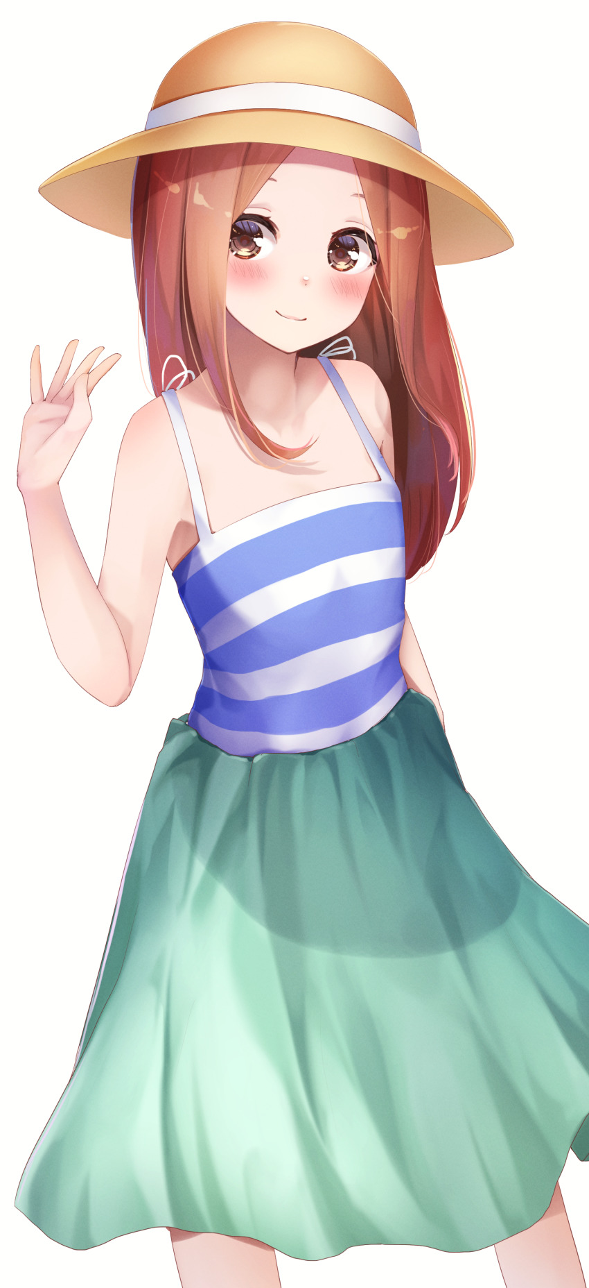 1girl absurdres bare_arms bare_shoulders brown_eyes brown_hair closed_mouth commentary_request dutch_angle green_skirt hand_up hat highres karakai_jouzu_no_takagi-san long_hair long_skirt looking_at_viewer parted_bangs shirt simple_background skirt smile solo standing striped_clothes striped_shirt sun_hat takagi-san white_background yuunamida_uyu