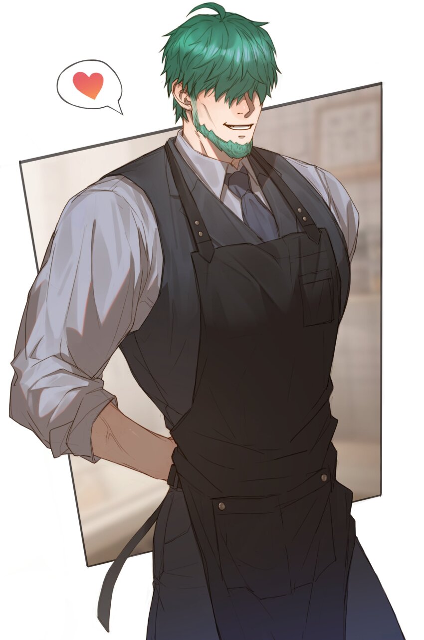 1boy absurdres aged_up alternate_costume apron beard black_apron cheekbones commission contemporary cowboy_shot facial_hair fire_emblem fire_emblem:_the_blazing_blade full_beard green_facial_hair green_hair hair_over_eyes heart highres lowen_(fire_emblem) male_focus necktie nintendo parted_lips punim410 shirt sleeves_rolled_up smile solo veins veiny_arms vest waiter white_shirt