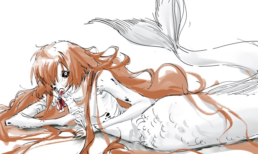 1girl black_sclera blood bow_in_mouth colored_sclera completely_nude freckles hair_over_one_eye highres humian0101 ishmael_(project_moon) limbus_company long_hair looking_at_viewer lying mermaid_(project_moon) monster_girl nude on_side orange_hair partially_colored project_moon scales solo very_long_hair