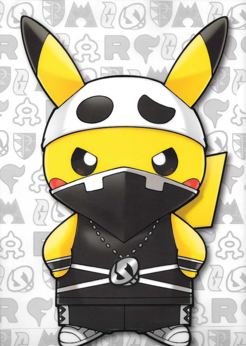 clearfile cosplay gen_1_pokemon highres jewelry necklace nintendo official_art pikachu pokemon shoes shorts sneakers team_skull_grunt team_skull_grunt_(cosplay) white_footwear