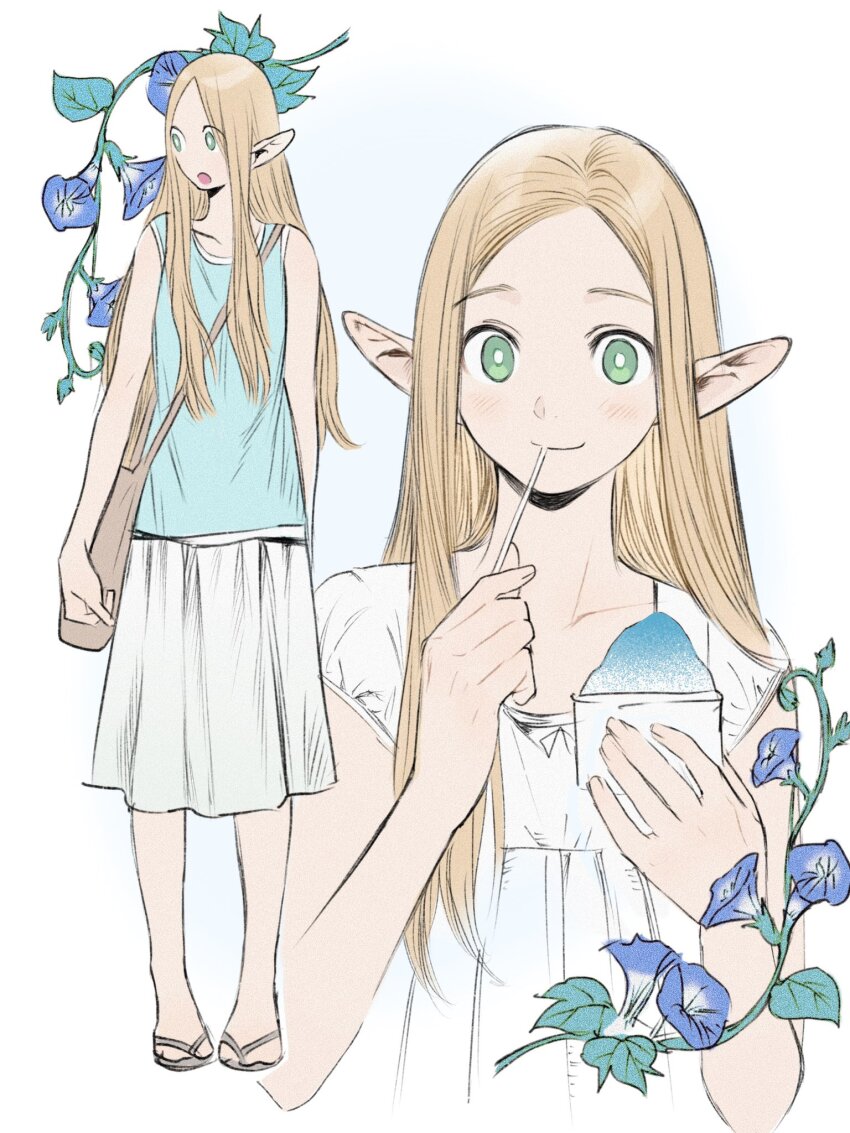 1girl alternate_costume bag blonde_hair blue_flower blush dress dungeon_meshi elf flower food frs2 green_eyes highres holding long_hair marcille_donato multiple_views open_mouth pointy_ears sandals shaved_ice shirt simple_background skirt smile standing tank_top white_background white_dress white_shirt white_skirt
