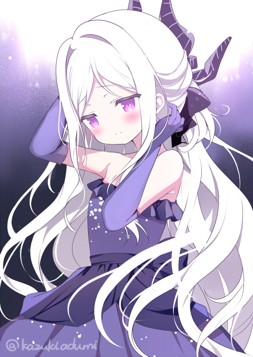 1girl arm_behind_head arm_up azumi_kazuki bare_shoulders blue_archive blush closed_mouth collarbone commentary_request dress elbow_gloves frilled_dress frills gloves hand_up highres hina_(blue_archive) hina_(dress)_(blue_archive) horns long_hair looking_down no_halo official_alternate_costume parted_bangs purple_dress purple_eyes purple_gloves revision smile solo strapless strapless_dress very_long_hair white_hair