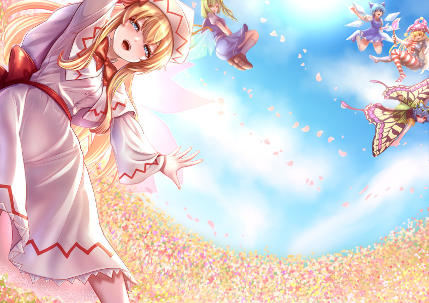 5girls american_flag american_flag_dress american_flag_legwear american_flag_print antennae back_bow blonde_hair blue_bow blue_dress blue_eyes blue_hair blue_shoes blue_skirt blue_vest bow bowtie brown_shoes butterfly_wings capelet cirno cloud clownpiece commentary_request daiyousei day detached_wings dress eternity_larva fairy fairy_wings falling_petals feet_out_of_frame flag_print flying green_dress green_eyes green_hair hair_between_eyes hair_bow hat heart heart-shaped_pupils highres holding holding_torch ice ice_wings insect_wings jester_cap lily_white loafers long_hair long_sleeves looking_at_viewer medium_hair miyakura_haruto multiple_girls neck_ruff open_mouth outdoors petals pinafore_dress pink_hat puffy_short_sleeves puffy_sleeves red_bow red_bowtie red_eyes shirt shoes short_hair short_sleeves side_ponytail skirt skirt_set sky sleeveless sleeveless_dress smile socks symbol-shaped_pupils torch touhou very_long_hair vest white_capelet white_dress white_hat white_shirt white_socks wings yellow_wings