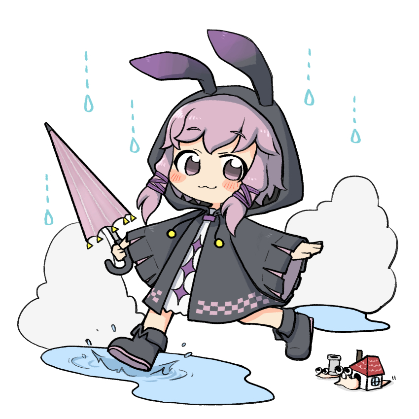 1girl :3 animal_hood black_boots black_coat blush boots chibi closed_umbrella coat commentary_request drawstring dress ebi_gohan full_body highres holding holding_umbrella hood hood_up hooded_coat looking_at_viewer outstretched_arms puddle purple_hair rabbit_hood raincoat raised_eyebrows running short_hair_with_long_locks simple_background snail solo splashing spread_arms umbrella vocaloid voiceroid water_drop white_background white_dress yuzuki_yukari yuzuki_yukari_(lin)