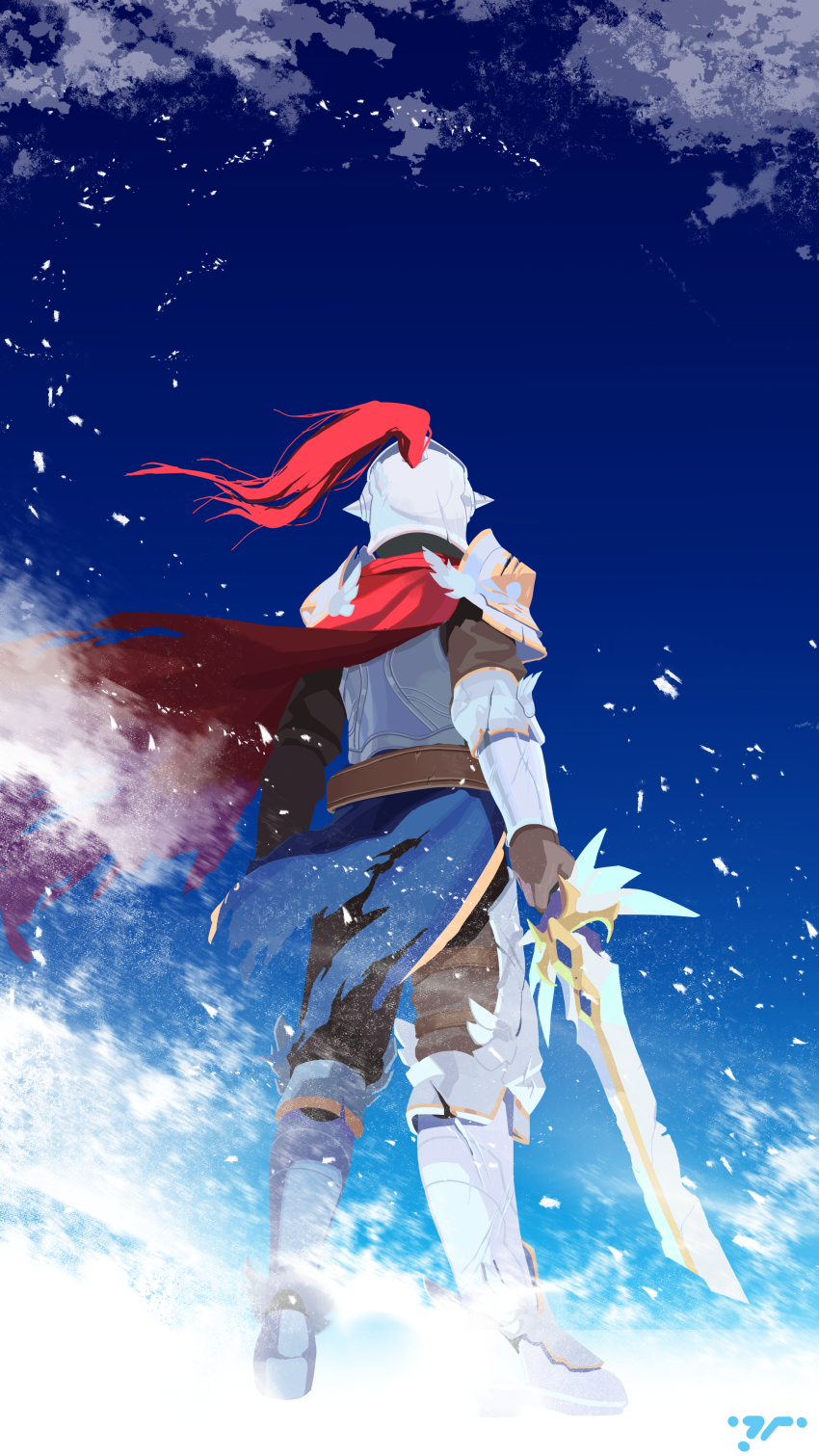 1boy absurdres armor armored_boots boots broken broken_armor broken_sword broken_weapon canister_(pixiv) cape clear_sky full_armor full_body gauntlets grey_helmet guardian_tales helmet highres holding holding_sword holding_weapon male_knight_(guardian_tales) red_cape shoulder_armor sky sword upper_body weapon