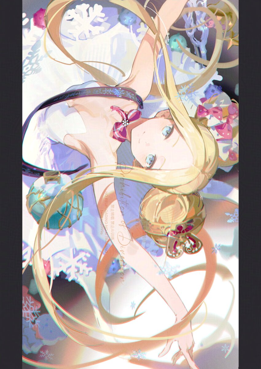 1girl abigail_williams_(santa)_(fate) absurdres ballerina ballet bare_shoulders blonde_hair blue_eyes bow choker double_bun dress fate/grand_order fate_(series) gold_tiara hair_bow hair_bun highres lee999nine long_hair looking_at_viewer outstretched_arms parted_bangs pink_bow ribbon_choker sash sidelocks sideways smile solo spread_arms strapless strapless_dress white_bow white_dress
