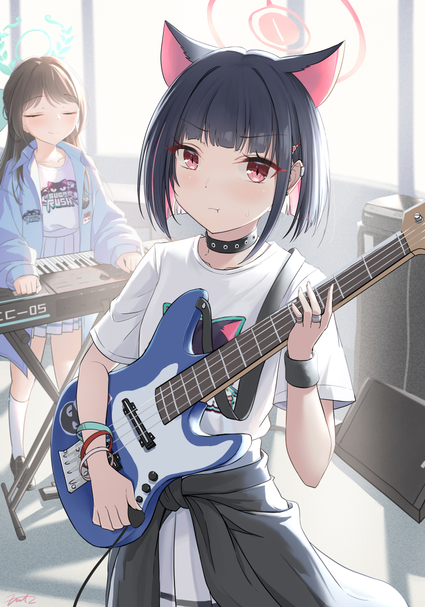 2girls absurdres airi_(band)_(blue_archive) airi_(blue_archive) animal_ears bass_guitar black_choker black_hair blue_archive blue_jacket blush cat_ears choker closed_eyes closed_mouth colored_inner_hair extra_ears fritz614 green_halo halo highres holding holding_instrument instrument jacket kazusa_(band)_(blue_archive) kazusa_(blue_archive) keyboard_(instrument) long_hair long_sleeves looking_at_viewer multicolored_hair multiple_girls official_alternate_costume open_clothes open_jacket pink_hair pink_halo pleated_skirt red_eyes shirt short_sleeves skirt smile white_shirt white_skirt