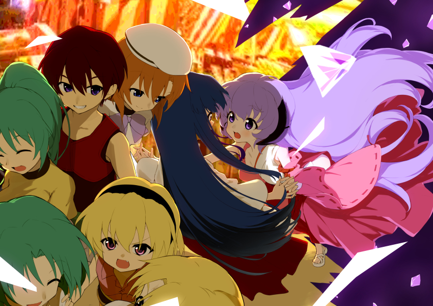 abstract_background absurdres beret black_hair black_hairband blonde_hair blue_eyes bow bowtie brown_hair commentary_request crystal_shards detached_sleeves floating_hair furude_rika green_hair grin hairband hanyuu happy hat highres higurashi_no_naku_koro_ni holding_hands horns houjou_satoko houjou_satoshi japanese_clothes kukik0701 long_hair looking_at_another maebara_keiichi miko open_mouth orange_background orange_hair pink_shirt ponytail purple_background purple_bow purple_bowtie purple_eyes purple_hair red_skirt red_tank_top ryuuguu_rena shirt short_hair short_sleeves skirt sleeveless sleeveless_shirt smile sonozaki_mion tank_top v-shaped_eyebrows very_long_hair white_hat yellow_shirt