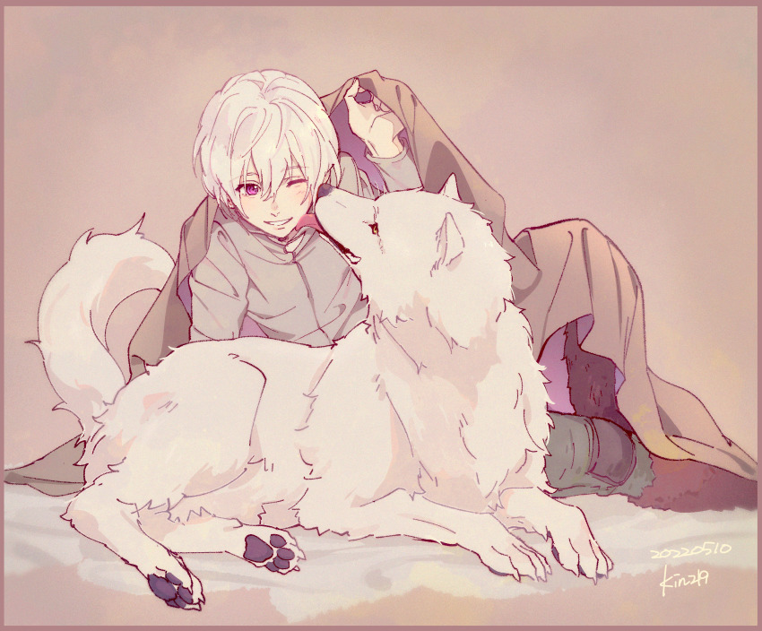 1boy blanket boots fumetsu_no_anata_e fur_trim fushi happy highres kon_(kin219) licking licking_another&#039;s_face lifting_covers light_smile one_eye_closed purple_eyes short_hair smile the_nameless_boy_(fumetsu_no_anata_e) white_hair white_wolf wolf yellow_eyes