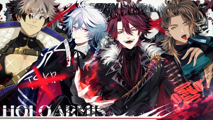 4boys belt bow bowtie braid brown_hair cape chest_harness cleavage_cutout clothing_cutout coat coat_on_shoulders cracked_mask crimzon_ruze crown crown_(artist) dark-skinned_male dark_skin eye_mask fangs fingerless_gloves fur-trimmed_jacket fur_collar fur_trim gloves goldbullet green_scarf group_name harness high_collar highres holoarmis holostars holostars_english jacket jurard_t_rexford male_focus mask multicolored_hair multiple_boys octavio one_eye_covered outstretched_hand pectorals pink_eyes purple_eyes red_eyes red_hair scarf sharp_teeth teeth tongue tongue_out tri_braids upper_body virtual_youtuber white_hair yellow_eyes