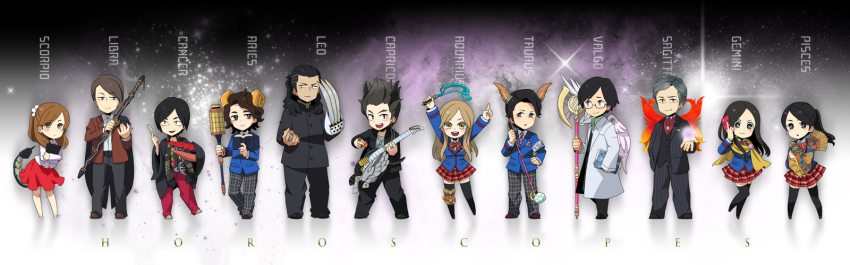 3girls 6+boys :3 aquarius_zodiarts armband arms_up black_hair black_legwear blush book brown_eyes brown_hair cancer_zodiarts capricorn_zodiarts card claws crab earrings emoto_kuniteru english_text engrish_text folding_fan gamou_mitsuaki gemini_zodiarts glasses golf_club goto_toujiro grey_eyes grey_hair guitar hand_fan hayami_kouhei highres horns instrument jewelry joujima_yuuki kamen_rider kamen_rider_fourze_(series) khakkara kijima_natsuji kuroki_ran lab_coat legband leo_zodiarts libra_zodiarts long_hair long_image multiple_boys multiple_girls open_mouth pisces_zodiarts ponytail ranguage red_eyes ring robe saggitarius_zodiarts scarf school_uniform scorpio_zodiarts scorpion_tail shakujou sheep_horns skirt smile sonoda_sarina staff suda_erin sugiura_yuuta tail tatsugami_kou taurus_zodiarts thighhighs virgo_zodiarts walnut whip wide_image wings yamada_tatsumori