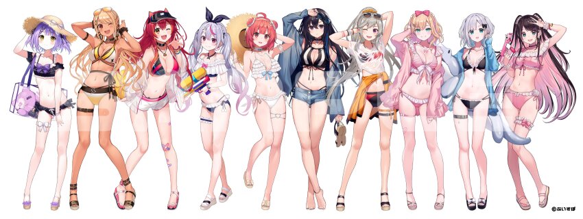 4girls absurdres ankle_strap anklet arm_strap arm_up armband arms_up bag bandaid bandaid_on_knee bandaid_on_leg bandaid_on_thigh bare_arms bare_legs bare_shoulders barefoot bikini bikini_under_clothes black_bikini black_hair black_nails black_ribbon blonde_hair blue_bow blue_jacket bow bow_choker bow_hairband bow_swimsuit breasts butterfly_necklace butterfly_ornament choker colored_inner_hair comiket_102 crossed_bangs cut_bangs double_bun ear_piercing earrings eyewear_on_head frilled_armband frilled_bikini frilled_choker frilled_straps frilled_thigh_strap frilled_wristband frills front-tie_bikini_top front-tie_top gradient_hair green_eyes grey_hair hair_between_eyes hair_bow hair_bun hair_ornament hair_ribbon hairband hairclip hat hat_bow hat_with_ears heart heart_tattoo highleg highleg_bikini highres holding holding_removed_eyewear holding_sandals holding_unworn_clothes holding_unworn_hat holding_water_gun holding_weapon ichinose_uruha ichinose_uruha_(summer_c102) jacket jewelry kaga_nazuna kaga_nazuna_(summer_c102) kaga_sumire kaga_sumire_(summer_c102) kaminari_qpi kaminari_qpi_(summer_c102) komori_met komori_met_(summer_c102) kurebayashi_noe kurumi_noah kurumi_noah_(summer_c102) large_breasts leg_tattoo long_hair long_sleeves looking_at_viewer medium_breasts multicolored_hair multiple_girls navel necklace nekota_tsuna nekota_tsuna_(summer_c102) o-ring o-ring_thigh_strap off-shoulder_bikini off_shoulder official_alternate_costume official_art open_shoes orange_eyes orange_nails pendant piercing pink_bikini pink_bow pink_hair plastic_bag purple_bow purple_eyes purple_hair rabbit_hair_ornament rabbit_tail red_eyes red_hair ribbon ribbon-trimmed_bikini ribbon_trim sandals see-through_clothes see-through_jacket see-through_shirt see-through_sleeves shinomiya_runa shinomiya_runa_(summer_c102) shirt short_hair short_shorts shorts side-tie_bikini_bottom simple_background small_breasts smile speech_bubble spiked_ear_piercing standing stomach strap straw_hat string_bikini striped_bikini striped_clothes stuffed_animal stuffed_cat stuffed_toy sun_hat sunglasses swimsuit swimsuit_cover-up swimsuit_under_clothes tachi-e tail tankini tattoo thigh_bow thigh_strap thighlet toes tosaki_mimi tosaki_mimi_(summer_c102) two-tone_hair two_side_up unworn_eyewear unworn_hat unworn_headwear virtual_youtuber vspo! waist_ribbon water_gun watermark weapon wet wet_clothes wet_shirt white_background white_ribbon wristband x_hair_ornament yellow_bikini yellow_eyes yumeno_akari yumeno_akari_(summer_c102)
