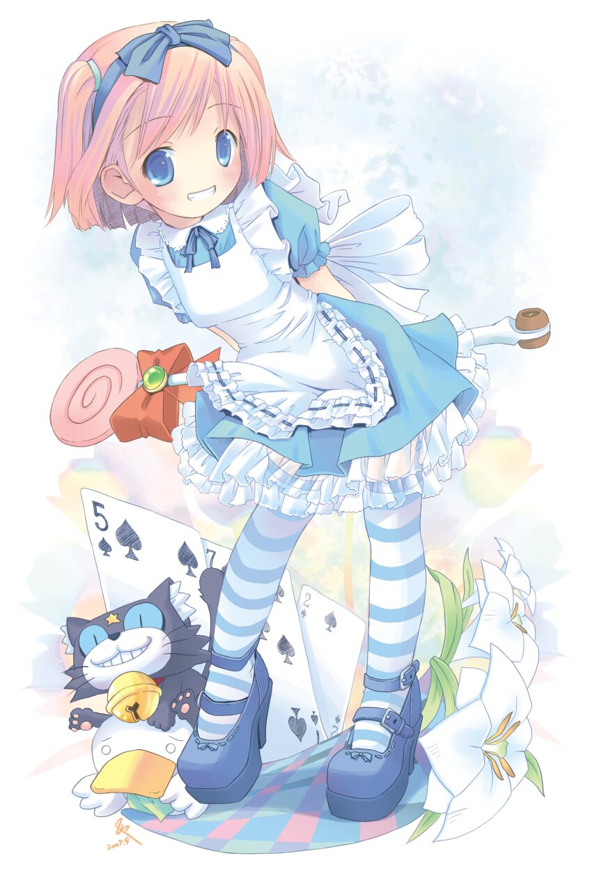 1girl absurdres ah-kun alice&#039;s_adventures_in_wonderland alice_(alice_in_wonderland) alice_(alice_in_wonderland)_(cosplay) apron arms_behind_back blue_eyes blue_skirt blush bob_cut bow candy card checkered_floor cosplay floating_card flower food frills grin hairband highres holding ka-kun lily_(flower) lollipop moetan nijihara_ink no_nose photoshop_(medium) pink_hair pop pop_(electromagneticwave) ribbon short_hair skirt smile solo striped_clothes striped_thighhighs thighhighs two_side_up wand