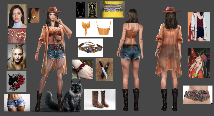 1girl absurdres bare_legs belt black_belt black_boots black_cat black_eyes black_hair blood blood_on_clothes blue_shorts boots bracelet braid brown_hat card cat cat_tattoo close-up closed_mouth commentary cowboy_hat crop_top dagger denim denim_shorts earrings english_commentary facial_tattoo floral_print flower flower_tattoo from_behind front-tie_top full_body gold_bracelet gold_earrings grey_background gs_(raygao211) gypsy hat highres holding holding_card hoop_earrings jacket jewelry knees knife leaf lipstick long_hair long_sleeves looking_at_viewer makeup midriff navel open_clothes open_jacket orange_jacket orange_shirt original photo_inset pink_lips realistic red_flower red_rose reference_inset reference_sheet rose scar scar_on_leg see-through_clothes see-through_jacket shadow sheath sheathed shirt short_sleeves shorts simple_background single_braid smile standing stomach_tattoo tarot tarot_card tattoo thick_eyebrows three-quarter_sleeves torn_clothes torn_shorts weapon wide_sleeves