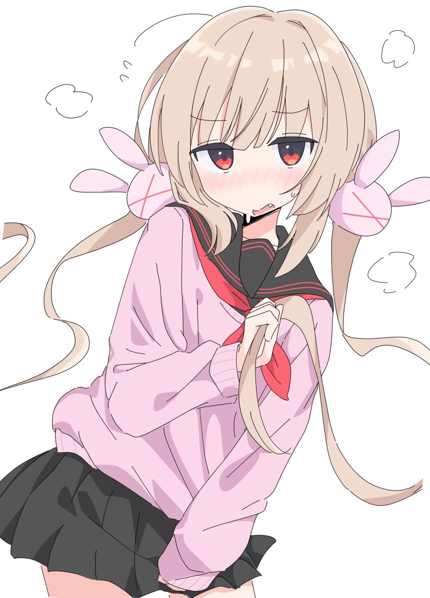 1girl absurdres black_sailor_collar black_skirt blonde_hair blush cowboy_shot fang hair_ornament highres holding long_hair long_sleeves looking_at_viewer low_twintails natori_sana neckerchief okumoto_(sugoku_erai) open_mouth pink_sweater pleated_skirt rabbit_hair_ornament red_eyes red_neckerchief sailor_collar sana_channel school_uniform serafuku simple_background skirt solo sweat sweater twintails virtual_youtuber white_background