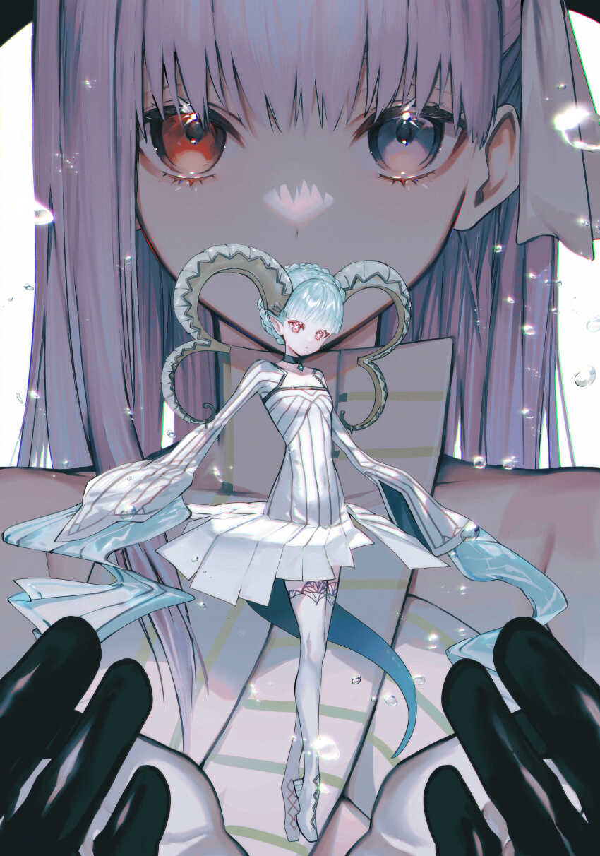 2girls absurdres albino_(a1b1n0623) aqua_hair bare_shoulders braid braided_bun breasts choker curled_horns double_bun dress fate/extra fate/extra_ccc fate/extra_ccc_fox_tail fate/grand_order fate_(series) giant giantess gloves hair_bun hair_ribbon heterochromia highres horns jewelry kingprotea_(fate) kingprotea_(third_ascension)_(fate) larva_tiamat_(fate) larva_tiamat_(first_ascension)_(fate) long_hair long_horns long_sleeves looking_at_viewer multiple_girls orange_eyes pendant pink_eyes pointy_ears purple_eyes purple_hair ribbed_dress ribbon small_breasts striped_clothes striped_dress symbol-shaped_pupils tail thighhighs tiamat_(fate) very_long_hair white_dress white_gloves white_ribbon white_thighhighs