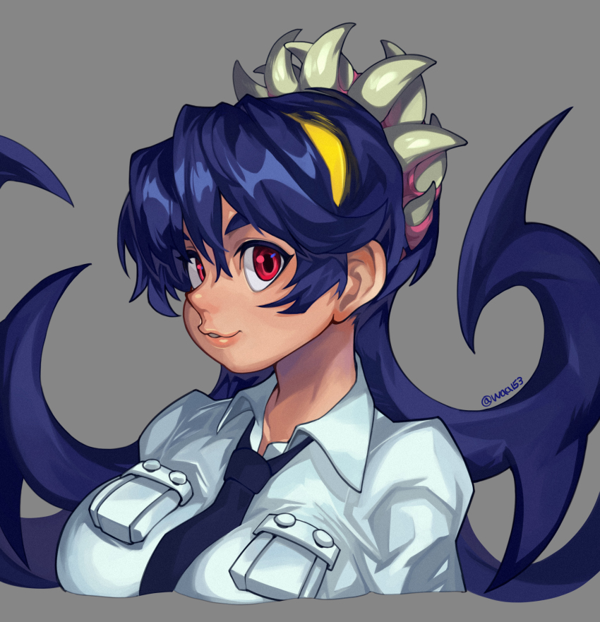1girl 1other blue_hair breasts collared_shirt filia_(skullgirls) grey_background hair_weapon highres large_breasts long_hair looking_at_viewer necktie parasite portrait pursed_lips red_eyes samson_(skullgirls) sharp_teeth shirt shirt_pocket skullgirls smile solo teeth waa153 watermark weaponized_hair yellow_eyes