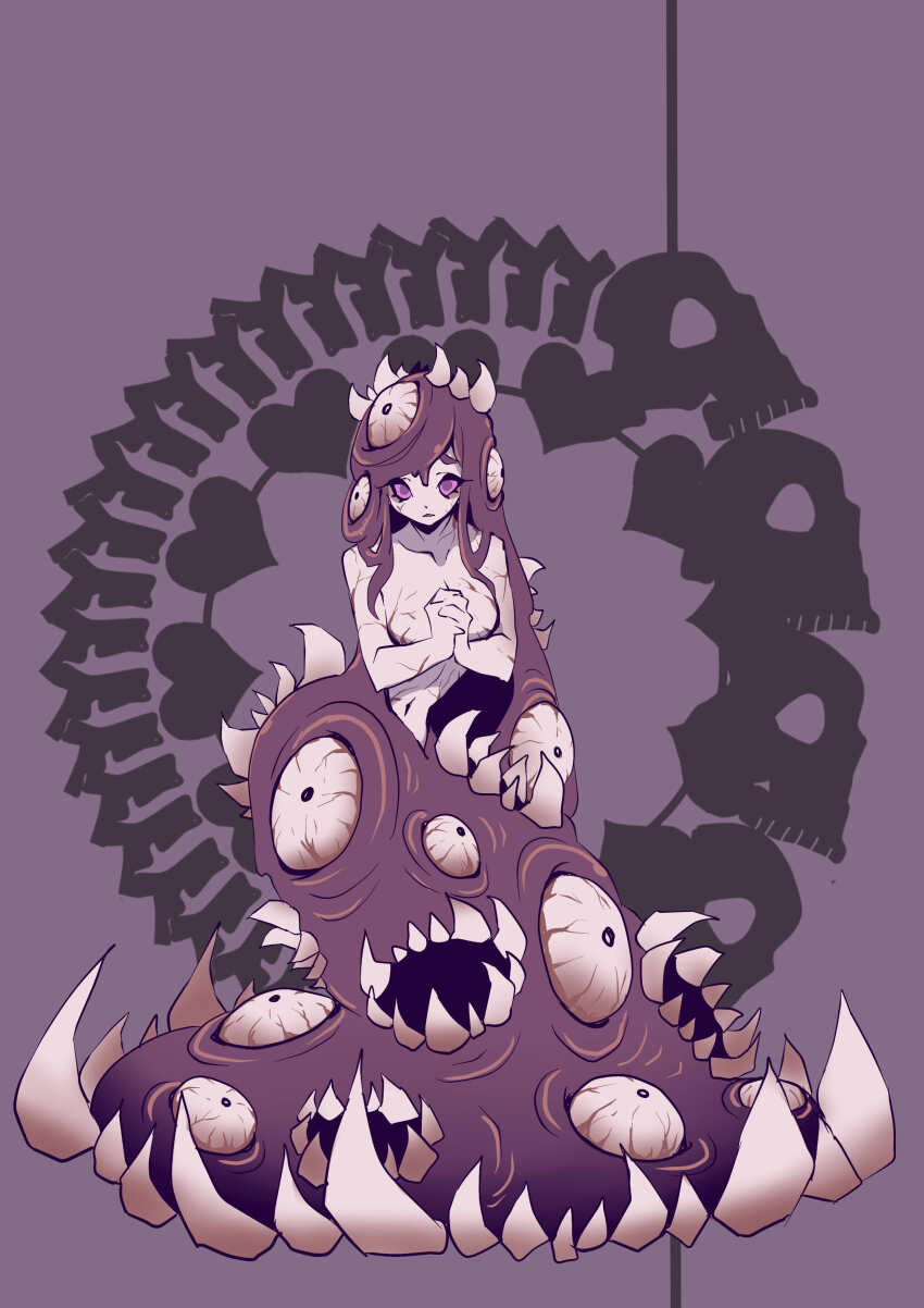 1girl absurdres bloodshot_eyes breasts colored_sclera crossover eternal_darkness:_sanity&#039;s_requiem extra_eyes extra_mouth glowing glowing_eyes heart_(symbol) highres long_hair looking_at_viewer mantorok medium_breasts monster_girl nintendo open_mouth personification purple_background purple_eyes purple_hair purple_sclera sharp_teeth silicon_knights simple_background skull slime_(creature) slime_girl spine sucker_for_love tail teeth tn_scallion topless_female veins very_long_hair