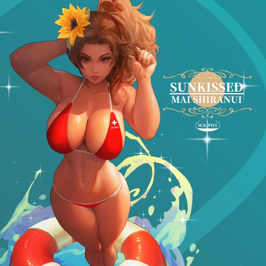 1girl arm_behind_head armpits arms_up artist_name bikini breasts brown_eyes brown_hair cleavage curvy fatal_fury fatal_fury:_city_of_the_wolves highres ickpot large_breasts legs long_hair looking_at_viewer navel oned parted_lips pink_lips ponytail red_bikini shiranui_mai smile snk solo swimsuit the_king_of_fighters thick_thighs thighs water wide_hips
