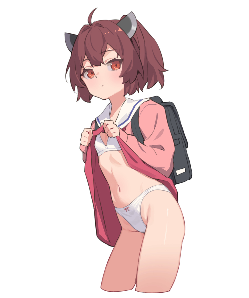 1girl ahoge backpack bag bra brown_hair clothes_lift dress dress_lift expressionless flat_chest headgear highleg highleg_panties highres lifting_own_clothes looking_at_viewer panties red_eyes sailor_dress short_hair solo touhoku_kiritan underwear voiceroid white_bra white_panties yamamomo_(plank)
