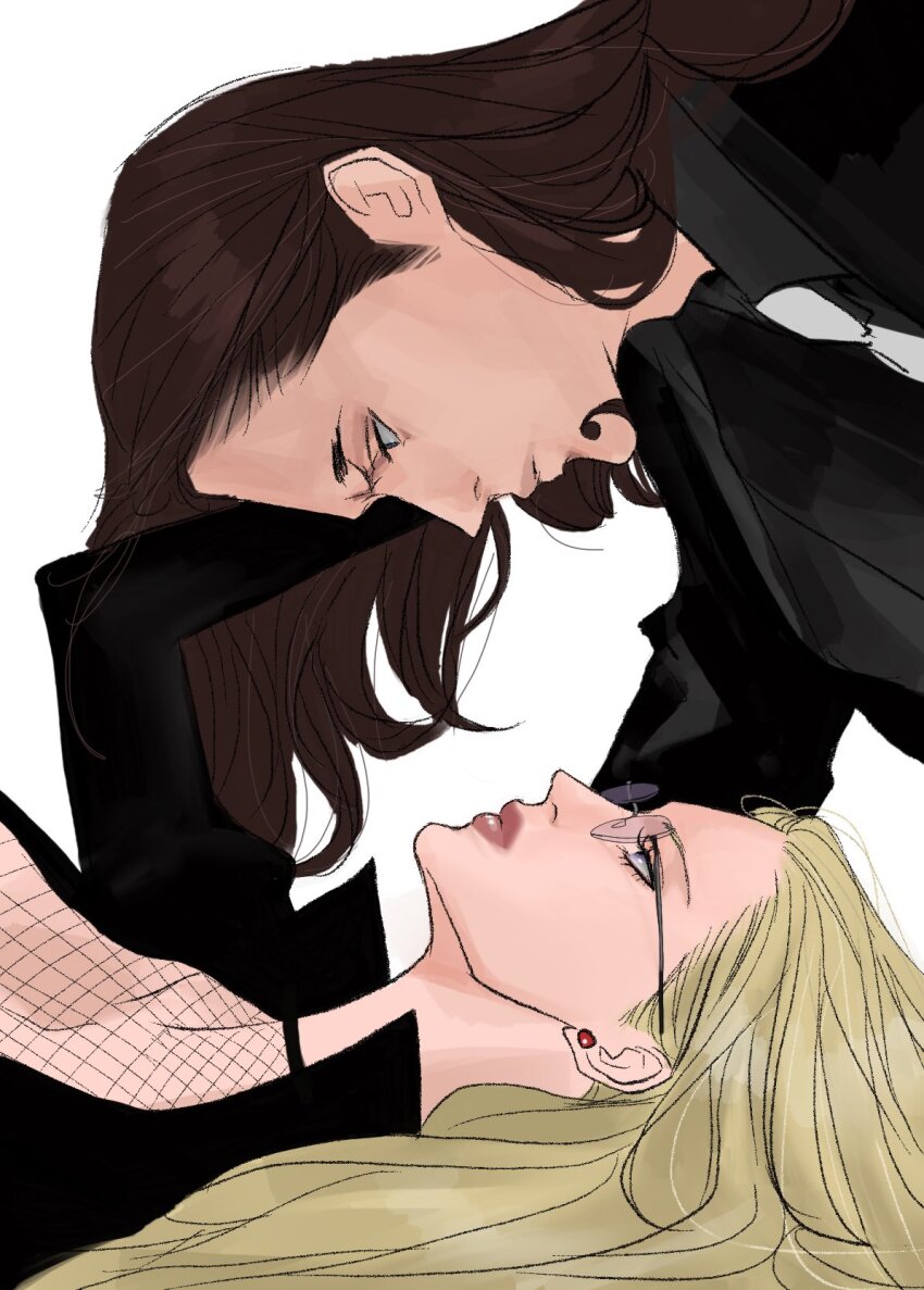 1boy 1girl black_dress black_jacket blonde_hair brown_hair closed_mouth dress earrings eye_contact facial_hair fishnet_top fishnets glasses goatee highres jacket jewelry kalifa_(one_piece) long_hair looking_at_another lying makeup mascara necktie on_back one_piece pearl_earrings pink_lips popsweetyio rob_lucci simple_background white_background white_necktie