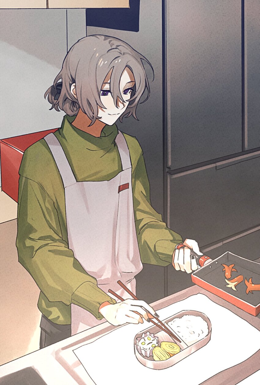 1boy androgynous apron bento black_nails black_pants chopsticks closed_mouth cooking cowboy_shot food food_art frying_pan green_sweater grey_apron hair_between_eyes hair_bun highres holding holding_chopsticks holding_frying_pan indoors kitchen long_sleeves looking_at_object makiyakinabe male_focus omelet original pants parted_bangs purple_eyes refrigerator rice sausage single_hair_bun smile solo sweater table tako-san_wiener tamagoyaki turtleneck turtleneck_sweater yumu1059