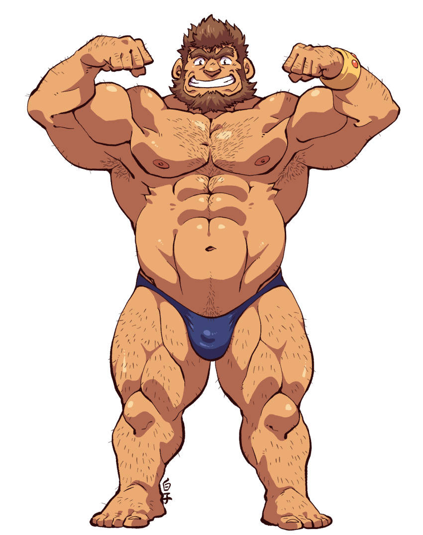 1boy abs arm_hair armpit_hair bara beard biceps blue_male_underwear body_hair brown_hair bulge chest_hair dark-skinned_male dark_skin double_biceps_pose facial_hair flexing full_body hairy highres jinn_(housamo) large_pectorals leg_hair looking_at_viewer male_focus male_underwear mature_male muscular muscular_male navel navel_hair nipples pectorals shirako_(kirupi) short_hair smile solo standing stomach thick_thighs thighs tokyo_houkago_summoners topless_male underwear underwear_only unibrow
