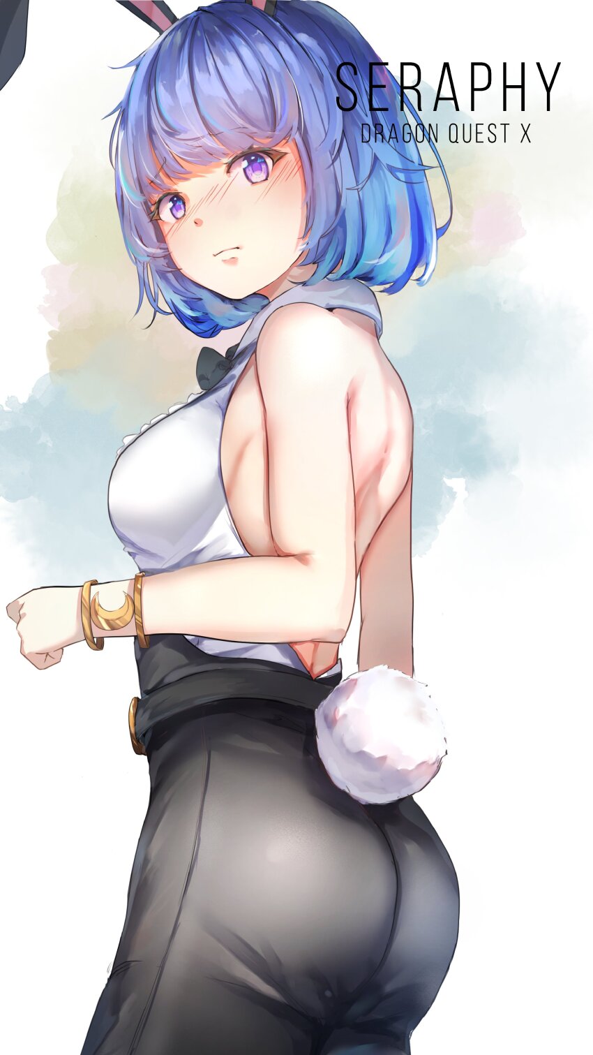 1girl absurdres animal_ears ass bare_shoulders black_bow black_bowtie black_pants blue_hair blush bob_cut bow bowtie bracelet breasts character_name commentary_request copyright_name cowboy_shot crescent dragon_quest dragon_quest_x fake_animal_ears fake_tail gold_bracelet highres jewelry looking_at_viewer looking_back medium_breasts nontraditional_playboy_bunny outofthehold pants purple_eyes rabbit_ears rabbit_tail seraphy_(dq10) shirt short_hair sideboob simple_background sleeveless sleeveless_shirt solo tail white_shirt