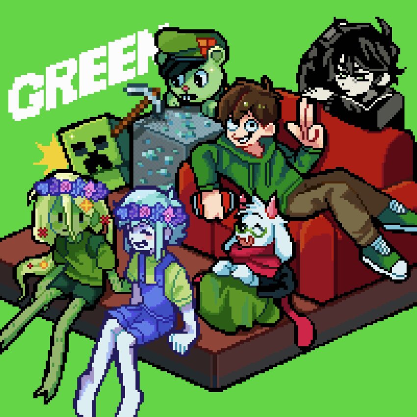 1girl 5boys 9aaaalt29 :d ^_^ ahoge andrew_graves animal_nose antenna_hair arm_support arm_up bare_arms bare_legs barefoot basil_(headspace)_(omori) basil_(omori) bear_boy black_eyes black_hair black_sleeves black_sweater blue_flower blue_hair blue_overalls blue_rose bright_pupils brown_hair brown_pants buck_teeth can character_request closed_eyes closed_mouth color_connection colored_skin commentary couch creature creeper crossover deltarune diamond_(gemstone) double-parted_bangs drink_can edd_(eddsworld) eddsworld fang flippy_(happy_tree_friends) flower flower_wreath full_body furry furry_male glasses goat_boy green-framed_eyewear green_background green_eyes green_hair green_hat green_hoodie green_robe green_shirt green_shoes green_shorts green_skin grin hair_behind_ear hair_between_eyes hair_flower hair_ornament happy_tree_friends hat head_wreath highres holding holding_can hood hood_down hoodie horns knees_together_feet_apart long_hair long_hair_between_eyes long_sleeves looking_at_another looking_at_viewer lying minecraft multiple_boys multiple_crossover omori on_back on_couch open_mouth orange_flower overall_shorts overalls pants pickaxe pink_flower pink_horns pink_rose pixel_art puffy_long_sleeves puffy_sleeves purple_flower purple_rose ralsei red_flower red_scarf robe rose round_eyewear scarf semi-rimless_eyewear shirt shoes short_hair short_sleeves shorts simple_background sitting skin_fang smile soda_can solid_oval_eyes sweater symbol-only_commentary teeth the_coffin_of_andy_and_leyley utdr_(toby_fox) very_long_hair very_short_hair w white_fur white_pupils white_skin