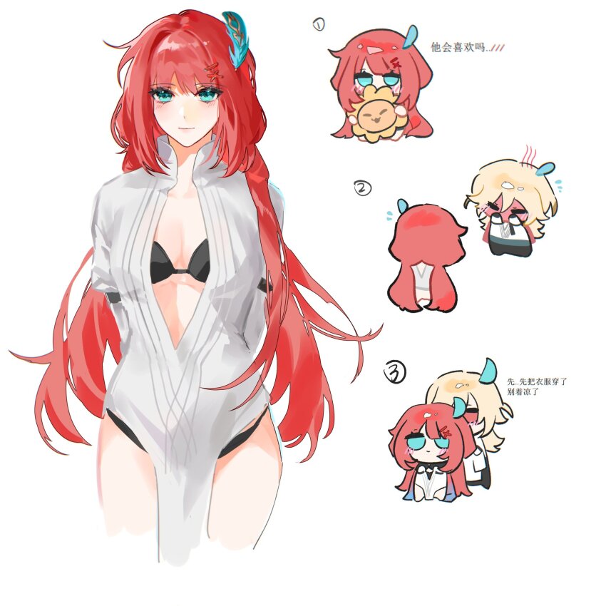 1boy 1girl arms_behind_back behind_another black_bra black_panties black_pants blonde_hair blush bra breasts cape chibi chinese_text cleavage closed_eyes closed_mouth cosplay couple covering_face expressionless feather_hair_ornament feathers full-face_blush genshin_impact green_eyes hair_between_eyes hair_intakes hair_ornament hairclip hands_on_own_face hetero highres himdetingting823 holding holding_stuffed_toy kaveh_(genshin_impact) kaveh_(genshin_impact)_(cosplay) light_blush lion long_hair long_sleeves looking_at_viewer low_twintails multiple_views nilou_(genshin_impact) numbered open_clothes open_shirt panties pants red_cape red_eyes red_hair shirt standing stuffed_animal stuffed_toy thighs translation_request twintails underwear very_long_hair white_background white_shirt white_sleeves