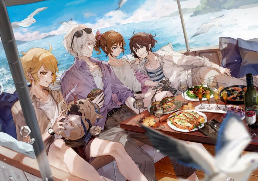 4boys :3 ahoge alternate_costume andrew_kreiss belt bird blonde_hair blue_eyes blue_sky boat bottle bow bright_pupils brown_hair brown_pants brown_shirt brown_shorts bubble camera closed_mouth cloud collarbone colored_eyelashes commentary contemporary cup day dog drill_hair drill_ponytail drinking_glass edgar_valden expressionless eyewear_on_head fang fang_out flower food fork fruit green_eyes hair_between_eyes hair_bow hair_ornament hairclip hand_on_own_cheek hand_on_own_face highres holding holding_camera holding_food identity_v jewelry knife lemon long_sleeves looking_afar looking_at_another luca_balsa male_focus medium_hair messy_hair multiple_boys myuu1995 necklace ocean open_clothes open_shirt outdoors pants partially_unbuttoned pillow pink_bow plate ponytail purple_shirt red_eyes sandwich sausage shirt shirt_partially_tucked_in short_hair shorts sideways_glance sitting sky smile stitched_mouth stitches striped_clothes striped_shirt sunglasses symbol-only_commentary symbol-shaped_pupils table tank_top undershirt victor_grantz watch watercraft white_hair white_pupils white_shirt white_tank_top wick_(identity_v) wine_bottle wine_glass x-shaped_pupils yellow_eyes yellow_flower