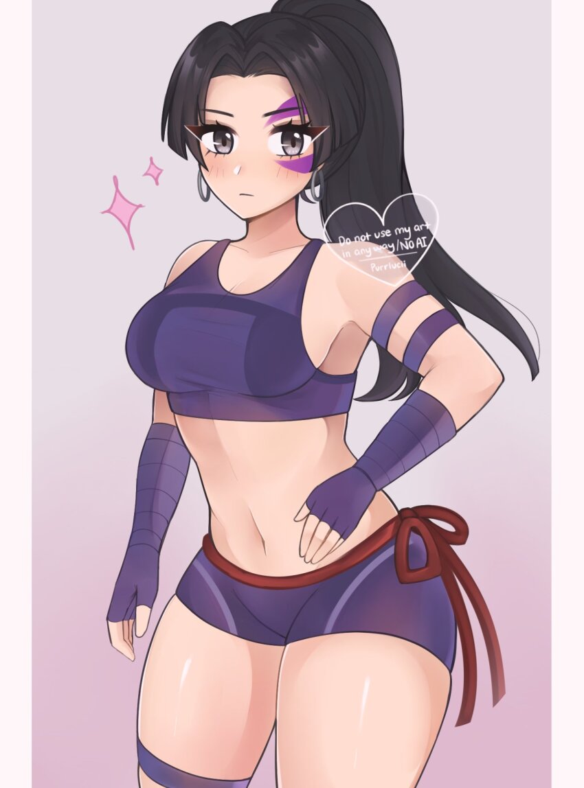 arm_strap artist_name black_eyes black_hair blush breasts closed_mouth collarbone ear_piercing earrings elbow_gloves english_text facial_mark fingerless_gloves gloves high_ponytail highres jewelry large_breasts long_hair looking_at_viewer luci_(purrlucii) marvel marvel_rivals navel piercing ponytail psylocke psylocke_(vengeance) purple_gloves purple_shorts purple_sports_bra ribbon short_shorts shorts signature simple_background sparkle sports_bra thigh_strap very_long_hair waist_ribbon x-men