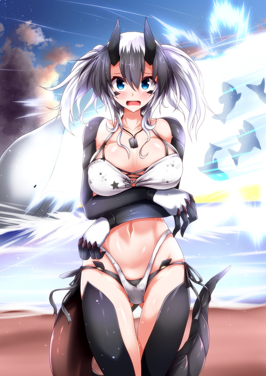 1girl absurdres aqua_eyes arms_under_breasts bare_shoulders beach beam bikini black_hair blue_sky blush breasts cleavage cloud collarbone commentary_request cowboy_shot day dog_tags dragon_girl dragon_horns dragon_tail g_(genesis1556) genderswap genderswap_(mtf) gluteal_fold groin hair_between_eyes highleg highleg_bikini highres horns large_breasts layered_bikini looking_at_viewer midriff monster_girl multicolored_hair navel o-ring o-ring_bikini ocean open_mouth orca original outdoors rio_(g_(genesis1556)) sand shadow shark side-tie_bikini_bottom sidelocks skindentation sky solo standing star_(symbol) star_print sweat swimsuit tail thigh_gap two-tone_hair two_side_up whale white_bikini white_hair