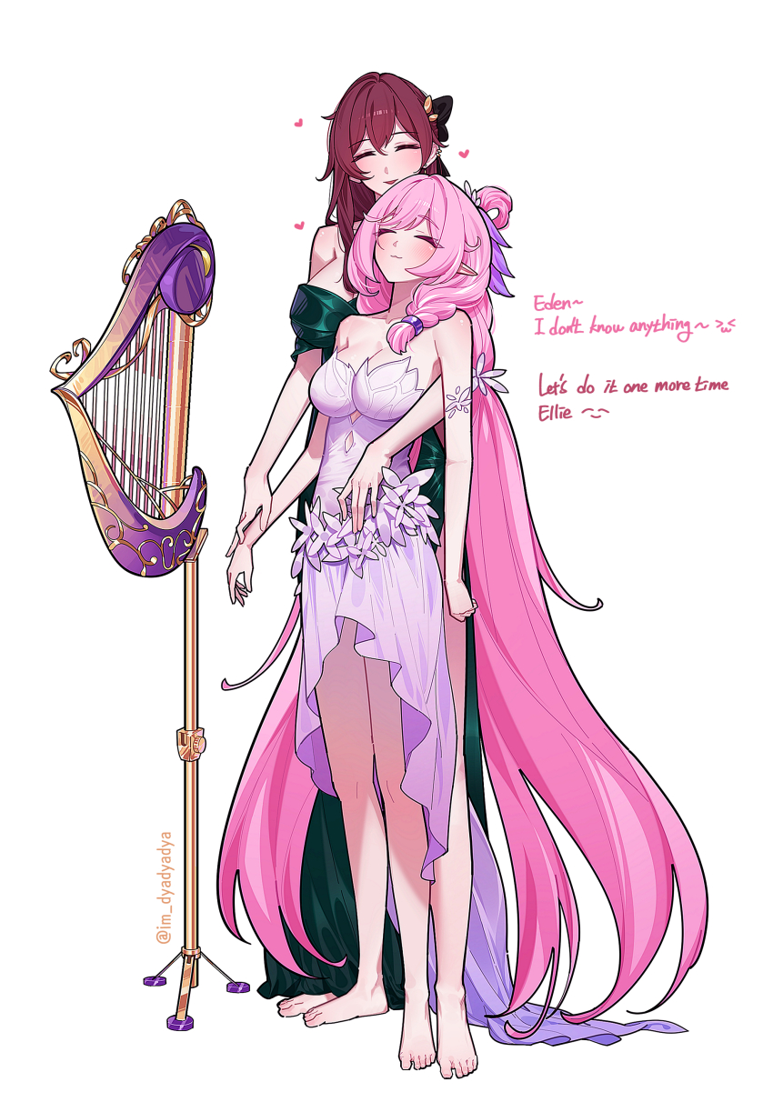 2girls :3 absurdly_long_hair absurdres barefoot blush braid breasts brown_hair cleavage closed_eyes commentary dress dyadyadya eden_(honkai_impact) elysia_(honkai_impact) english_commentary english_text green_dress hair_rings harp heart highres honkai_(series) honkai_impact_3rd instrument long_hair multiple_girls pink_hair pointy_ears side_braid single_hair_ring strapless strapless_dress twitter_username very_long_hair white_dress