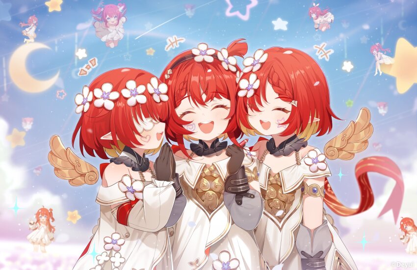 6+girls ancient_greek_clothes black_gloves black_hairband blue_sky crayon crescent_moon deyui dress gloves greco-roman_clothes hairband head_wreath heart_on_cheek highres holding holding_crayon honkai:_star_rail honkai_(series) moon multiple_girls red_hair short_hair sky smile star_(sky) star_on_cheek teeth trianne_(honkai:_star_rail) tribbie_(honkai:_star_rail) trinnon_(honkai:_star_rail) twitter_username white_blindfold white_dress