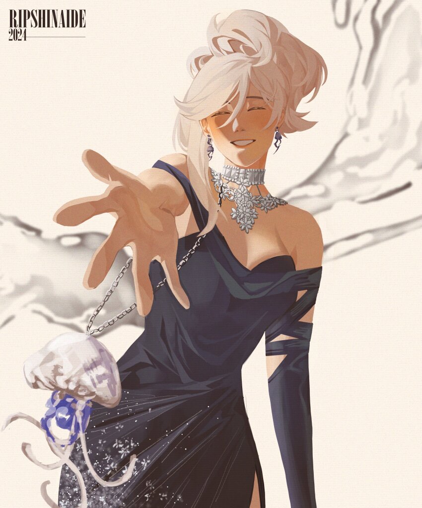1girl 2024 ^_^ absurdres artist_name bag bare_shoulders blue_bridal_gauntlets blue_dress breasts cleavage closed_eyes dress eternity_(reverse:1999) evening_gown facing_viewer grin highres holding holding_bag jellyfish_earrings jewelry medium_hair necklace off-shoulder_dress off_shoulder outstretched_arm outstretched_hand ponytail reaching reaching_towards_viewer reverse:1999 ripshinaide single_bare_arm smile solo upper_body water white_hair yellow_background