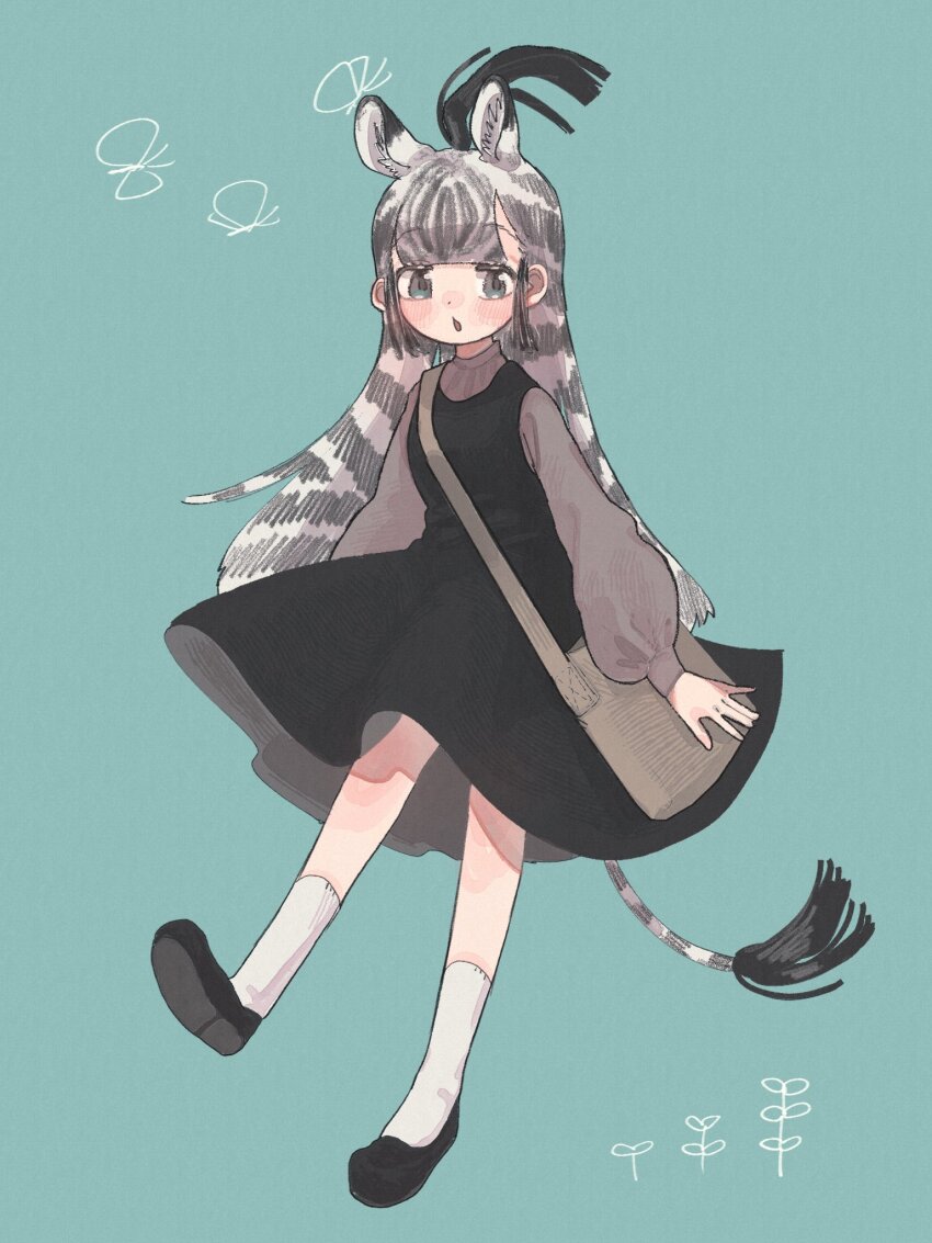 alternate_costume animal_ears animal_print bag black_dress black_footwear black_hair blunt_bangs blush casual dress extra_ears flats grey_eyes grey_shirt handbag highres kemono_friends long_hair long_sleeves multicolored_hair plains_zebra_(kemono_friends) puffy_sleeves shimazoenohibi shirt sidelocks socks two-tone_hair white_hair white_socks zebra_ears zebra_girl zebra_print zebra_tail