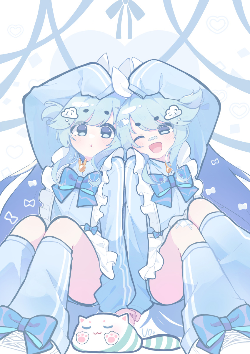 ;d absurdres back-to-back bandaid bandaid_on_face bandaid_on_leg bandaid_on_nose bemani blue_bandaid blue_eyes blue_hair blue_ribbon blue_track_suit blush cat commentary hair_ornament hair_ribbon heart highres jacket jersey_maid leaning_on_person leg_warmers maid near_(sound_voltex) noah_(sound_voltex) one_eye_closed open_mouth pill_hair_ornament rabbit_ornament ribbon siblings sitting smile sound_voltex tamaneko_(sound_voltex) track_jacket track_suit twins unconventional_maid wavy_hair white_footwear