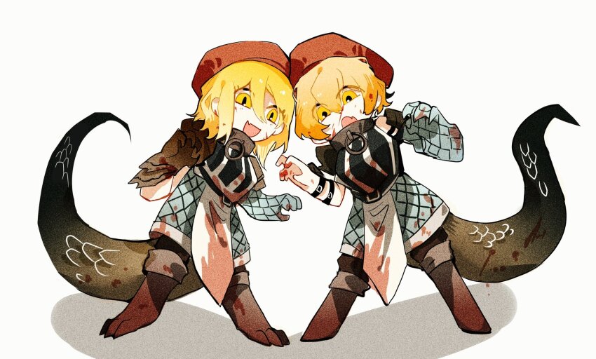 1boy 1girl :d :o aislan armor basilisk blonde_hair chibi claw_pose don_quixote_(project_moon) e.g.o_(project_moon) fang full_body gauntlets hat highres lifetime_stew_(e.g.o) limbus_company lizard_tail looking_at_viewer open_mouth oven_mitts project_moon red_hat short_hair simple_background sinclair_(project_moon) skin_fang smile standing tail white_background yellow_eyes