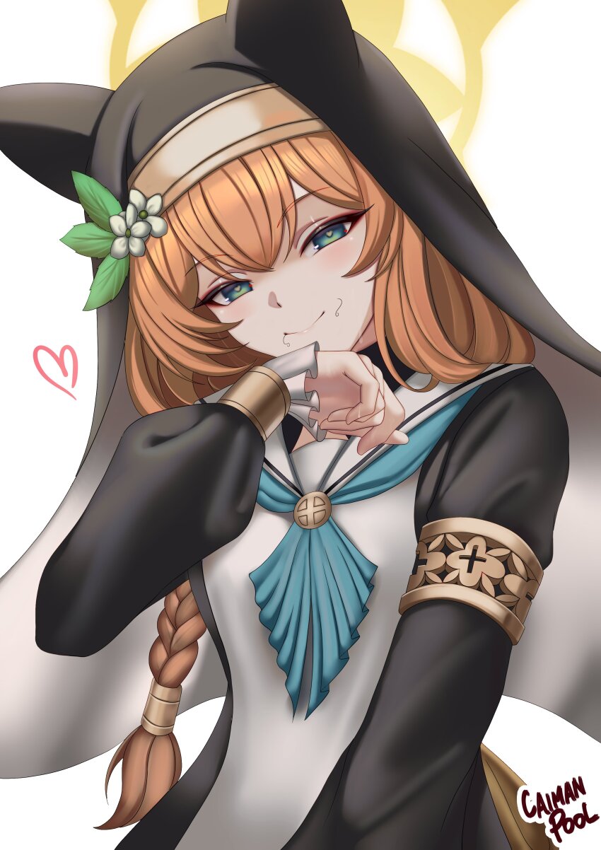 1girl absurdres animal_ear_headwear animal_ears artist_name black_veil blue_archive blue_eyes blue_neckerchief blush braid caiman_pool cat_ears cat_girl closed_mouth coif commentary dress ears_under_headwear fake_animal_ears flower gold_armlet halo hat hat_flower head_tilt heart heart-shaped_pupils highres long_hair long_sleeves looking_at_viewer mari_(blue_archive) naughty_face neckerchief nun orange_hair puffy_long_sleeves puffy_sleeves sailor_collar sailor_dress single_braid smile solo stray_pubic_hair symbol-shaped_pupils veil white_dress white_sailor_collar yellow_halo