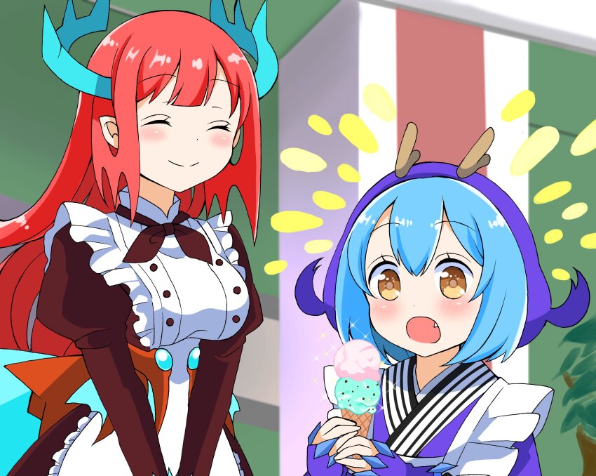 2girls apron blue_hair blue_kimono blush breasts chef closed_eyes closed_mouth dragon_girl dragon_horns dragon_wings duel_monster eastern_dragon_horns fingerless_gloves food frilled_apron frills gloves hair_between_eyes highres holding holding_food horns ice_cream ice_cream_cone japanese_clothes kimono kitchen_dragonmaid laundry_dragonmaid long_sleeves medium_breasts multiple_girls open_mouth orange_eyes puffy_long_sleeves puffy_sleeves red_hair short_twintails smile twintails ukyou_kuro white_apron wings yu-gi-oh!