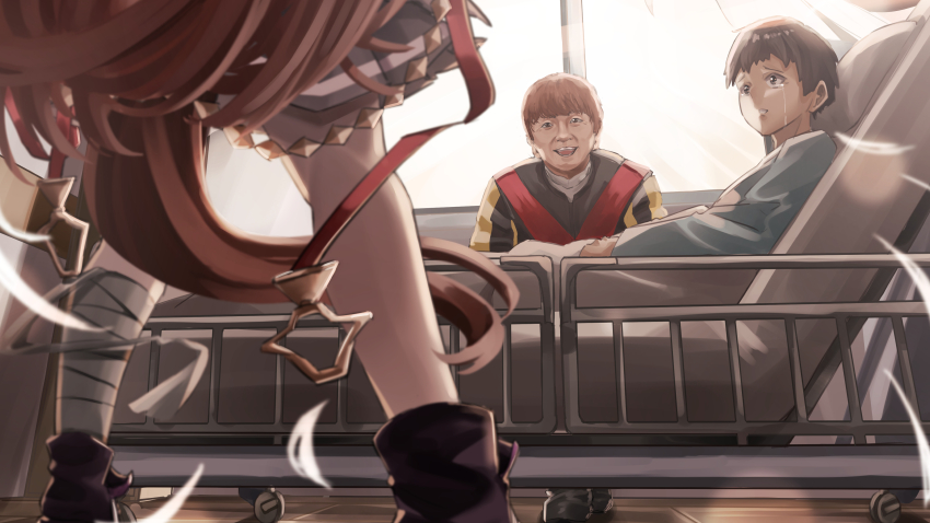 1girl 2boys absurdres bed black_footwear black_hair brown_hair grey_skirt hakekeke2525 highres horse_girl horse_tail hospital hospital_bed ikezoe_ken&#039;ichi jockey looking_at_another lying multiple_boys on_back orfevre_(old_design)_(umamusume) racing_colors real_life short_hair skirt tail umamusume