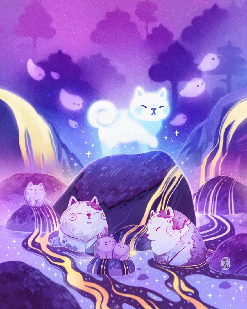 animal artist_name closed_eyes creature dog ellievsbear fox ghost glowing highres light_particles night no_humans on_rock original outdoors rock signature smile sparkle spirit tree water
