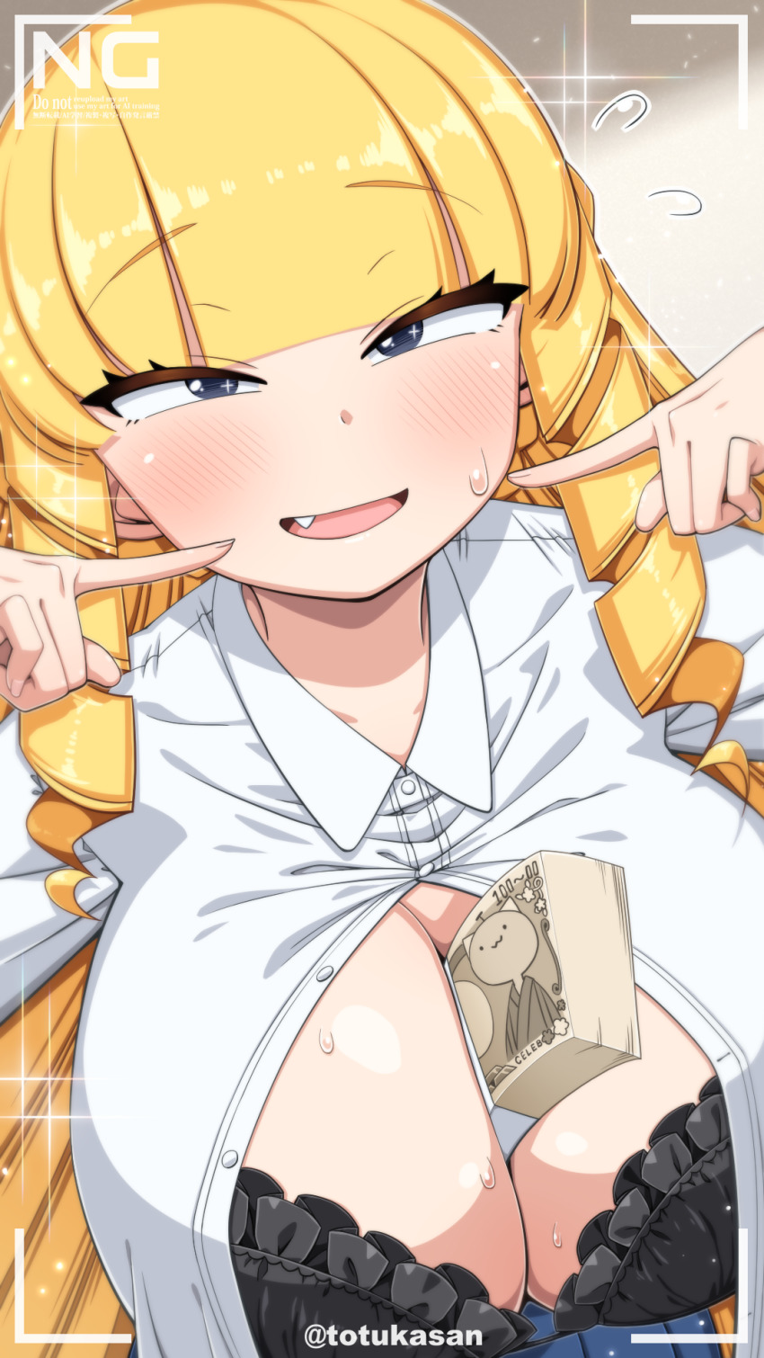1girl artist_name banknote between_breasts black_bra blonde_hair blue_eyes blue_skirt blush bra breasts cleavage cleavage_storage commentary_request drill_hair fang flying_sweatdrops highres kaneda_mochiko large_breasts long_hair money mount_celeb_kaneda-san nervous_smile open_clothes open_mouth open_shirt pointing pointing_at_self selfie sexually_suggestive shirt skirt smile sparkle sparkling_eyes sweat sweatdrop totukasan underwear watermark white_shirt