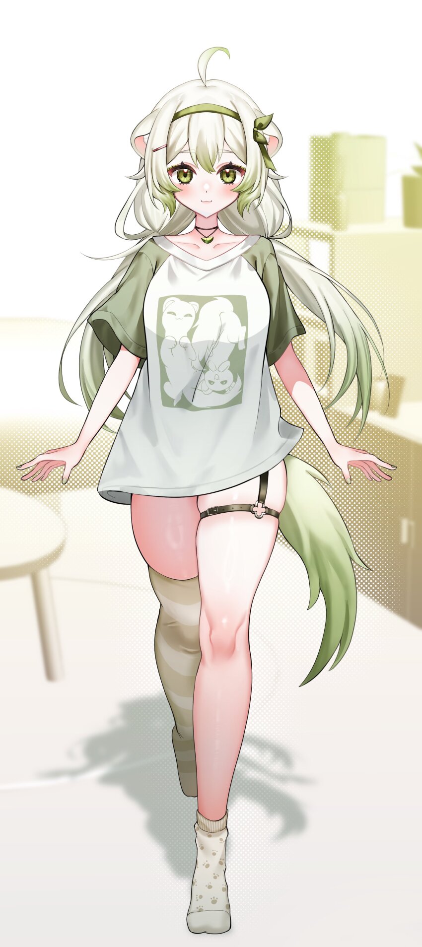 1girl :3 absurdres ahoge animal_ears apartment asymmetrical_legwear cabinet coffee_table ferret ferret_ears ferret_girl ferret_tail full_body fushi_yohaku gradient_hair green_hair green_shirt headband highres indie_virtual_youtuber laimu_(vtuber) laimu_(vtuber)_(cozy) light_smile long_hair looking_at_viewer multicolored_hair shadow shirt skindentation smile socks solo t-shirt table tail thigh_strap thighhighs thighs twintails two-tone_hair vinesauce virtual_youtuber walking walking_towards_viewer white_hair zettai_ryouiki