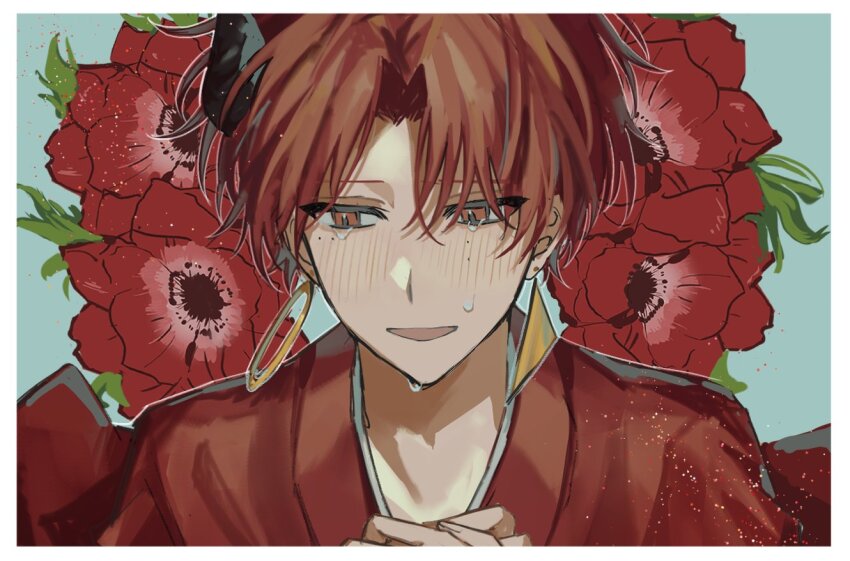 1boy blush mole mole_under_eye oni rasetsu_kai red_eyes red_hair smile solo tears yoruno youkai_gakkou_no_sensei_hajimemashita!