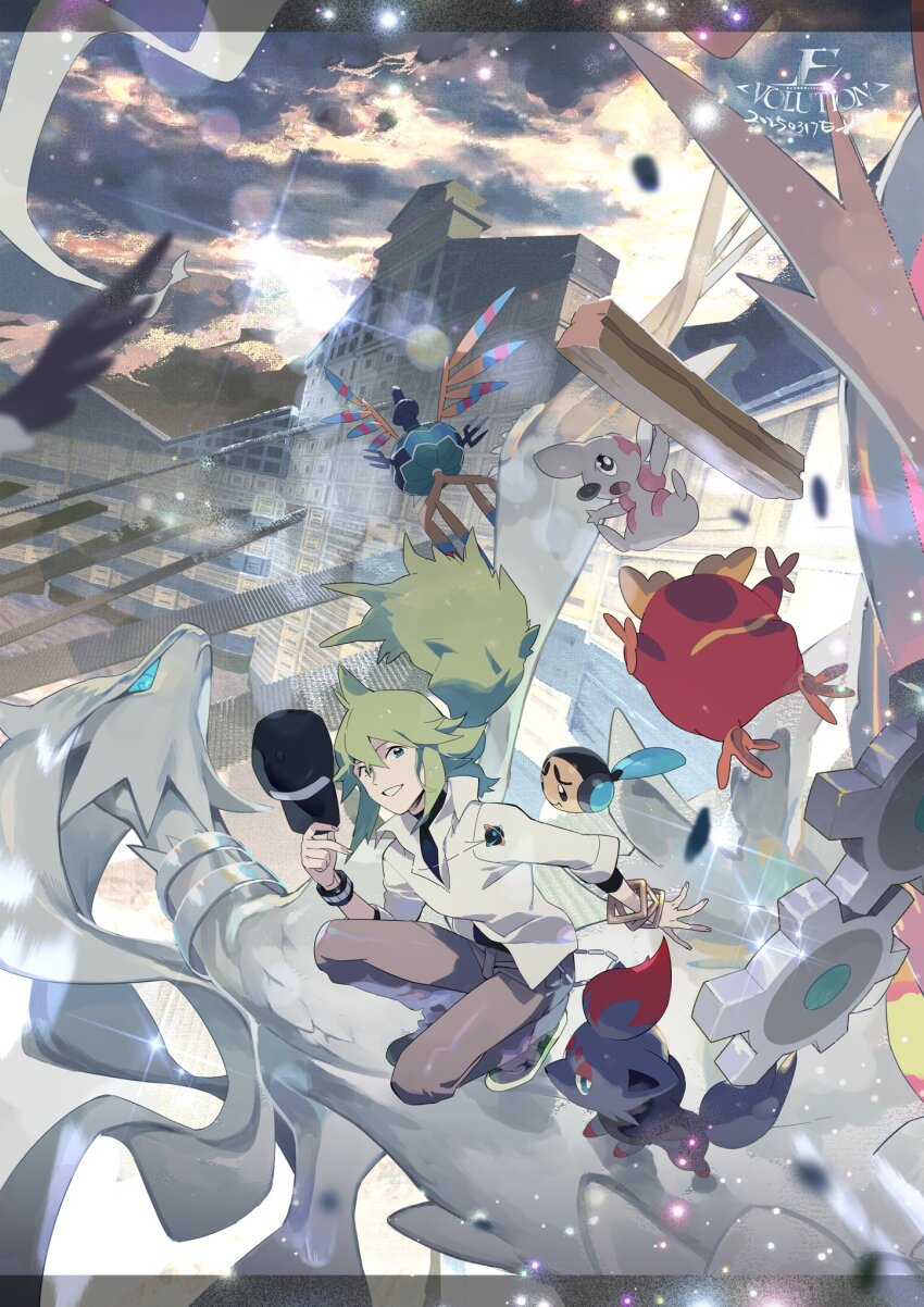 1boy baseball_cap black_fur black_hat body_fur brown_pants cityscape darumaka e_volution floating_hair fox gen_5_pokemon green_eyes green_hair group_picture hat highres holding holding_unworn_clothes holding_unworn_hat klink legendary_pokemon log long_hair male_focus midair n_(pokemon) nintendo pants pokemon pokemon_(creature) pokemon_bw ponytail reshiram riding riding_pokemon shirt sigilyph smile sunlight timburr tympole unworn_hat unworn_headwear white_shirt zorua