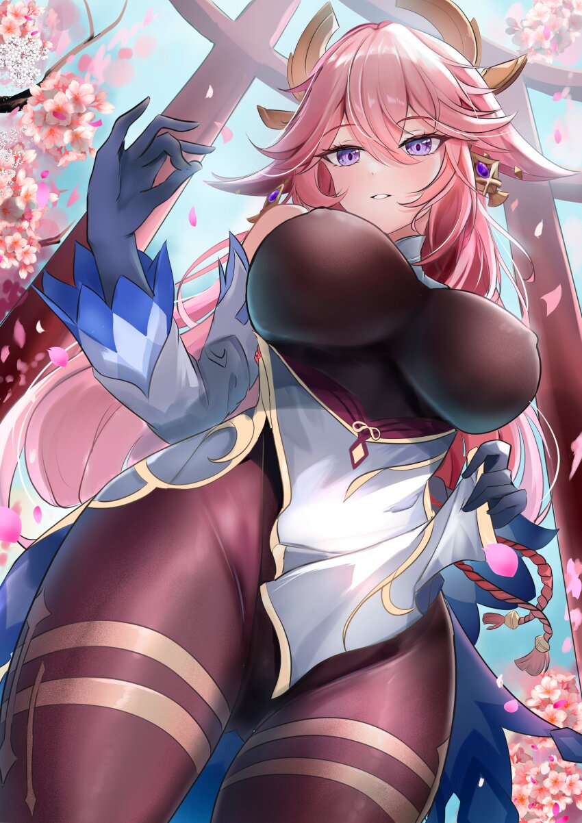 1girl absurdres animal_ears bare_shoulders bell black_gloves blush bodystocking breasts cosplay covered_erect_nipples detached_sleeves earrings eitei_(20041204) fox_ears ganyu_(genshin_impact) ganyu_(genshin_impact)_(cosplay) genshin_impact gloves hair_between_eyes hair_ornament highres japanese_clothes jewelry large_breasts long_hair long_sleeves looking_at_viewer neck_bell pantyhose pink_hair purple_eyes smile solo very_long_hair wide_sleeves yae_miko